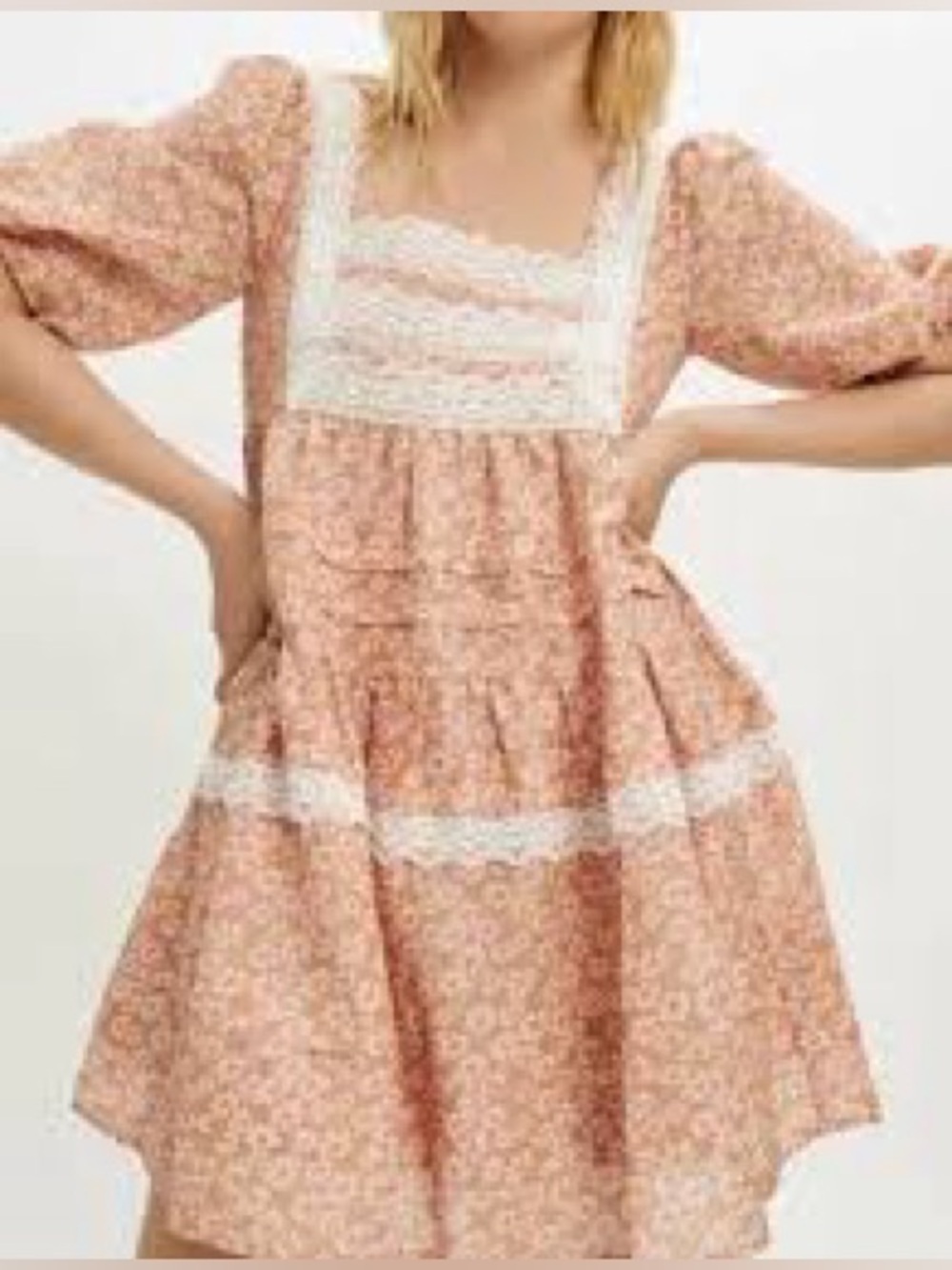 Maje Pink Daisy-Print Dress with White Crochet Trim 40